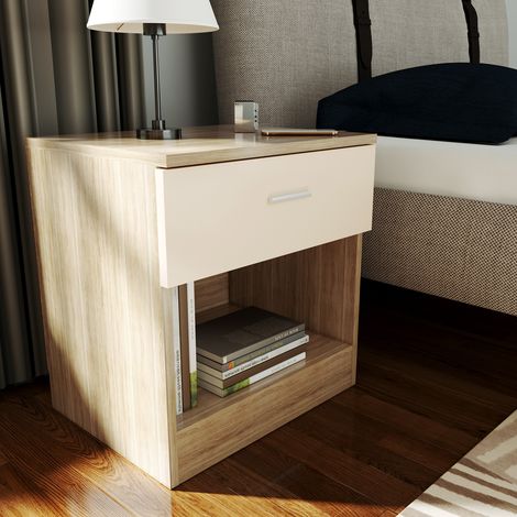 ELEGANT Nightstand Modern High Gloss Bedside Cabinet Storage Shelf with Bin Drawer, for Bedroom or Home Storage Organizer, Cream/Oak (1/5)