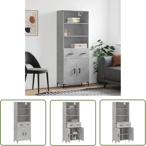 The Living Store Buffet haut Gris béton 69,5x34x180 cm Bois d'ingénierie - Buffet Design Moderne - Meuble Rangement Gris - Armoire Cuisine - Buffet Haute Capacité - Buffet Salon (1/5)