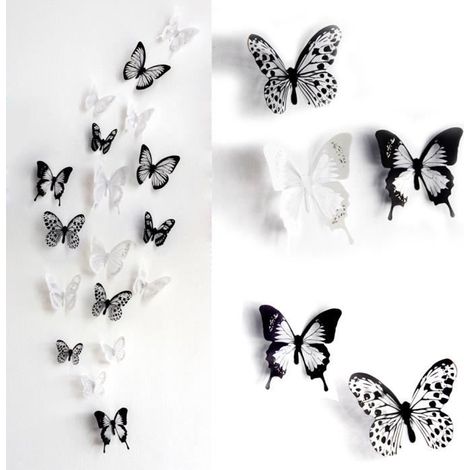 18pcs Papillons 3D PVC Stickers Muraux Noir Et Blanc Art Decal Accueil DéCoration Fenêtre (1/4)