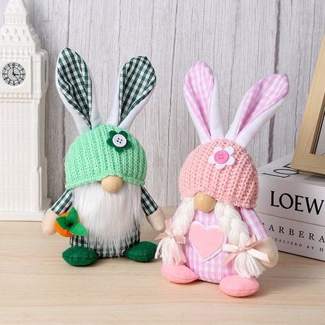 Bambola con orecchie da coniglio pasquale - Set di 2, motivo a rombi, decorazione a forma di gnomo senza volto (1/5)