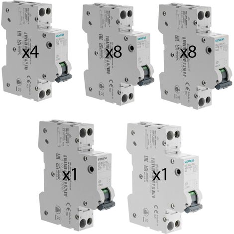 SIEMENS Lot de 22 disjoncteurs modulaires Ph+N – 1×2A, 4×10A, 8×16A, 8×20A, 1×32A – Courbe C – 4,5 kA