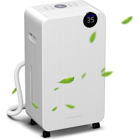 Déshumidificateur blanc 12 L par jour, réservoir 2,1 L, affichage LED, minuterie 24 h et sécurité enfant, design compact efficace