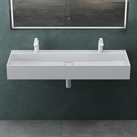 Mai & Mai Lavabo da Appoggio 120x40x12cm, Lavabo Bagno Sospeso Lavandino Bagno Colossum6028 da Marmo Fuso, due Fori per la Rubinetteria, Bianco opaco