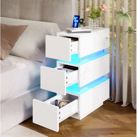 MODFU – Lot 2 tables chevet 20x40x59,5 cm panneaux particules – LED, USB et Type-C – 3 tiroirs et anti-basculement – Chambre – Blanc (1/5)
