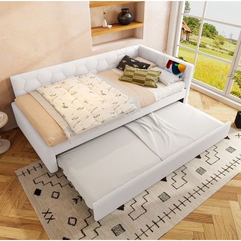 DESVIAE Lit banquette 90 x 200 cm en bouclette blanc avec lit gigogne, lampe de chevet, ports USB et type C, sommier à lattes, structure MDF (1/5)