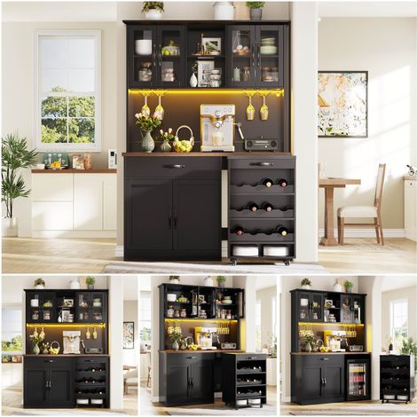 Buffet haut de cuisine de 180 cm avec chariot à roulettes LED casier à verres et à bouteilles de vin pour salon salle à manger Noir (1/5)