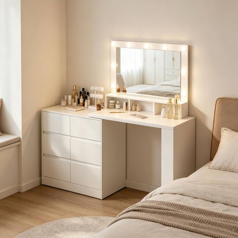 MEUBLIV Toeletta 90x40x134,5 cm bianca con specchio LED rettangolare e 6 cassetti (1/5)