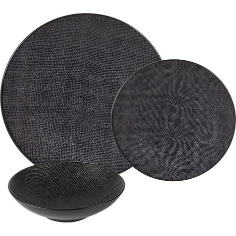 Service d'assiettes Vésuvio noir 12 pièces – Grès mat et reliefs – 4 assiettes plates 27 cm, 4 creuses 19 cm, 4 à dessert 20.5 cm – Table Passion