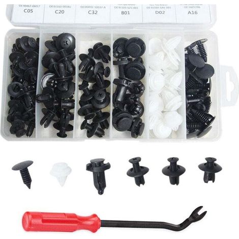 Lot de 100 clips de fixation pour carrosserie de voiture, rivets en plastique, fixations pour pare-chocs, garniture de porte, vis avec outil de démontage (1/4)
