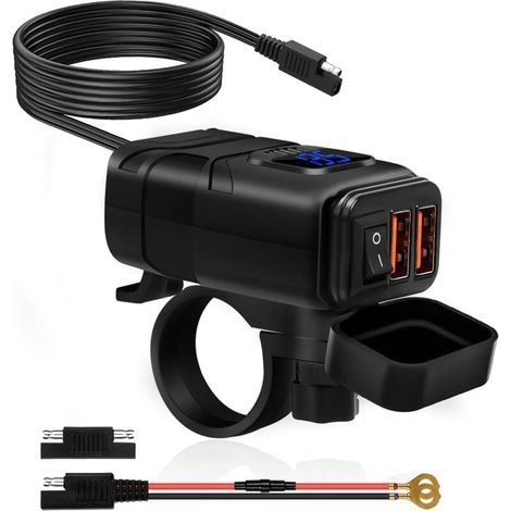 Chargeur Usb de Moto ÉTanche, Prise de Chargeur de Voiture Double USB/QC3.0, Prise USB Moto Etanche Charge Rapide avec Interrupteur et Voltmètre LED(lumière bleue) (1/4)