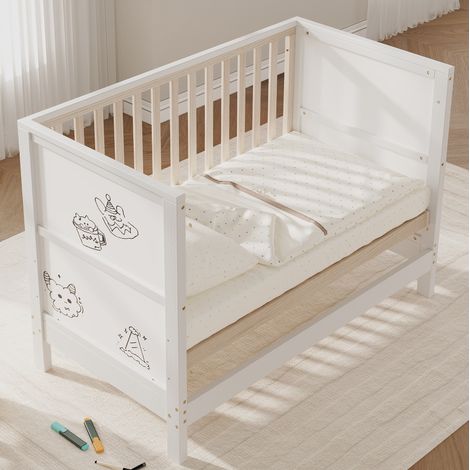 Lit enfant 120x60 cm, panneaux à peindre, 3 hauteurs réglables, convertible, en bois, naturel et blanc (1/5)