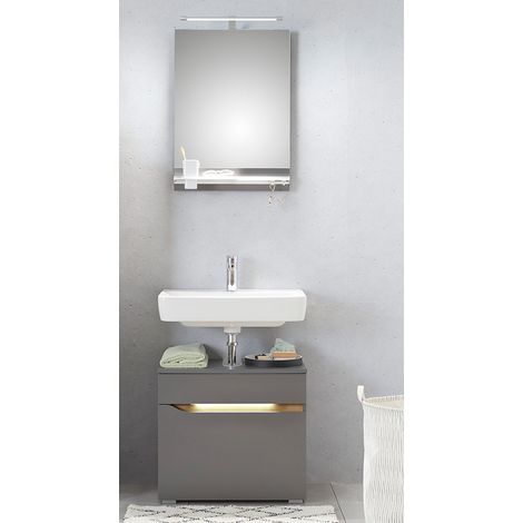 Badezimmer Set mit Griffbeleuchtung und Sockelfüßen in Quarzgrau Matt Touch mit Riviera Eiche Nb. QENA-66, B/H/T ca. 60/190/33 cm (1/5)