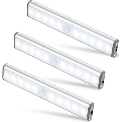 Lot de 3 Lampes 10 LED, Sans Fil, Rechargeable par USB, Aimanté, Détecteur de Mouvement, 2 Modes d’Éclairage, Portable. Lumière de Placard, Baladeuse de Secours, Veilleuse Enfant, Appoint … [Classe én
