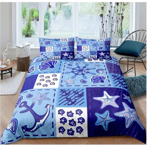 Anchor Parure de Lit 200x200cm Thème Nautique Housse de Couette Dessin animé Starfish Sets de Housse de Couette Blue Ocean - B8P (1/4)