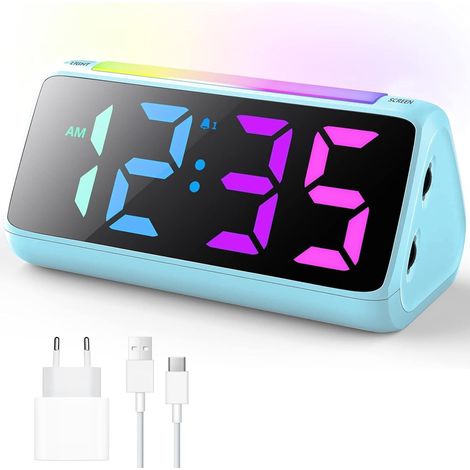 Réveil numérique pour Enfants avec lumière, Affichage LED coloré, variateur de luminosité 0 à 100%, 2 alarmes, Snooze, 3 volumes, Port de Charge USB, réveil pour Chambre à Coucher, Alimentation (1/5)