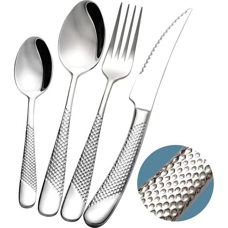 couverts de table 24 pieces martelées avec couteau dentelé 2 en 1, menagere inox 18/10 6 personnes, set de couvert couteaux, fourchettes, cuillères. (1/5)