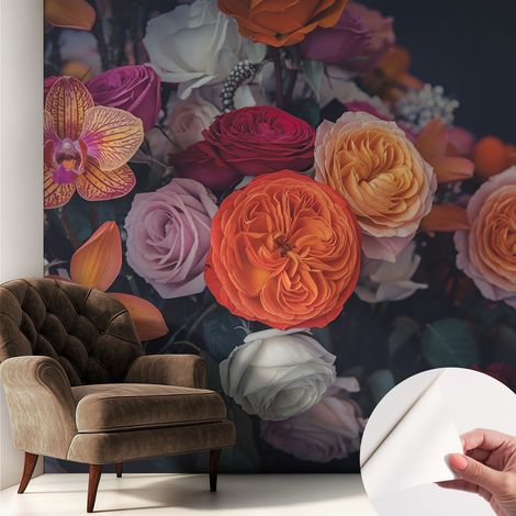 Selbstklebende Tapete - Wanddekoration Wohnzimmer - Tapete Schlafzimmer Farbenfroher Blumenstrauß 250x250 cm (1/5)