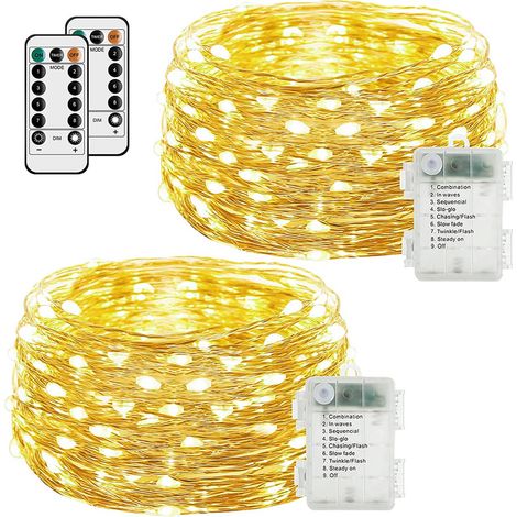 Juego de 2 guirnaldas de luces, 50 LED, 5 m, control remoto, cable plateado, para interior/exterior, Navidad/jardín (1/5)