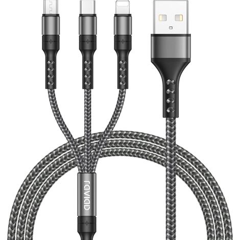 Câble Multi USB, 3 en 1 Câble Universel [2M] Multi USB Câble de Chargement en Nylon avec Micro USB Type C Lightning Câble pour iPhone, Samsung Galaxy S23, Huawei, Honor - Gris (1/5)