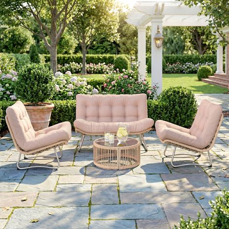 Gartenmöbel Set 4-teilig Polyrattan Lounge-Set mit Zweisitzer 2 Sessel Glastisch Breitem & Tiefem Sitz Dicke Kissen