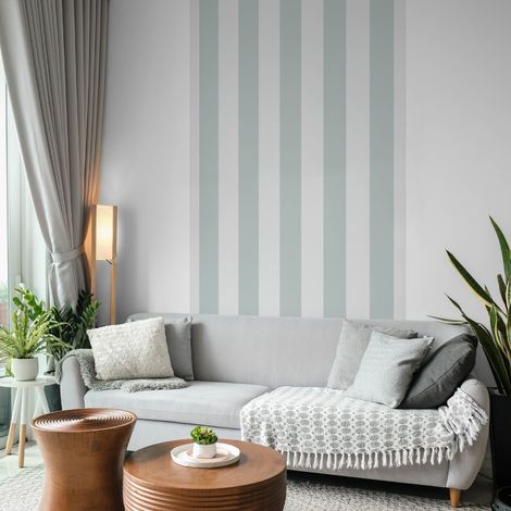 Papier peint panoramique, rayure vert de gris, tendance rayure, 250 cm X 150 cm (1/5)