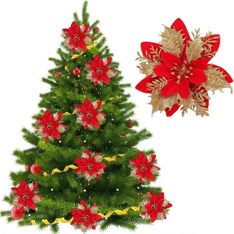 Lot de 12 fleurs de poinsettia artificielles rouges 14 cm avec tiges, décoration de sapin (1/3)