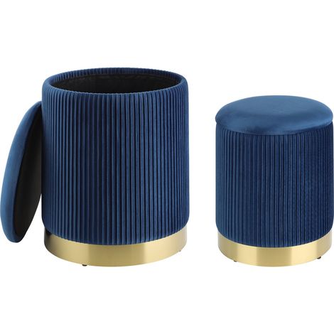 EGLO LIVING 2er Set Hocker mit Stauraum Mashike, elegante Sitzhocker, runde Couch Beistellhocker, Pouf aus Samt in Blau und Metall in Gold, Samthocker Ø 36 cm