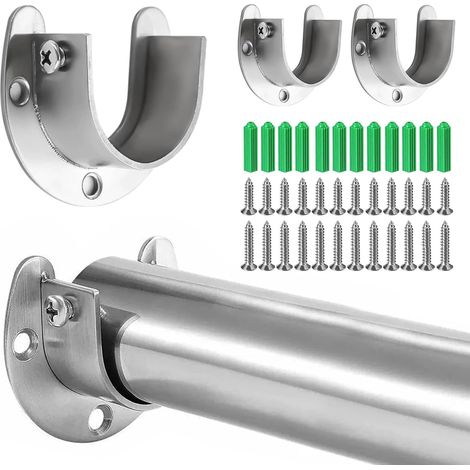4 pièces Support de Tringle à Rideaux en Forme de U, Support de Tringle à Penderie en Acier Inoxydable, Support de poteau de placard, Pour cuisine, salle de bains, armoire, fenêtre(25mm, argent). (1/5)