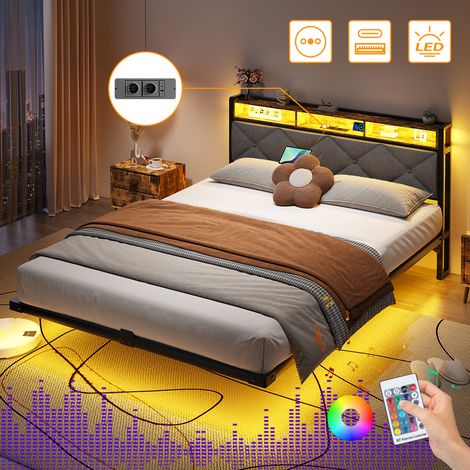 Lit 140 x 190 avec sommier, lit flottant avec éclairage LED et 2 prises & 2 ports USB, tête de lit capitonnée avec rangement, tissu en lin, gris foncé (1/5)