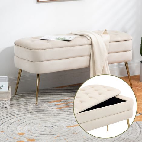 Tabouret de rangement, 104x40x51cm, banc de chambre à coucher, velours, repose-pieds rembourré d'entrée, beige (1/5)