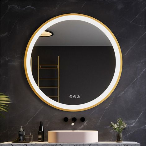 Espejo de Baño LED Redondo con Interruptor Táctil, Espejo de Pared Iluminado con Marco de Aluminio Dorado, 3 Colores de Luz y Brillo Ajustable, Antivaho, Función de memoria - 60 cm (1/5)