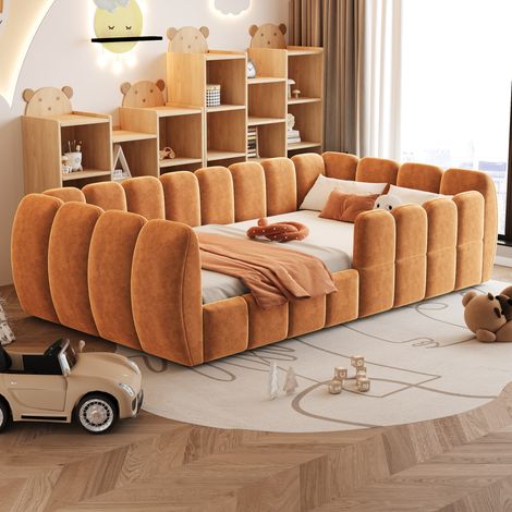 Letto a pavimento per bambini 90x200 cm, imbottito, con struttura chiusa e angoli arrotondati, per camera da letto, in velluto arancione (1/5)