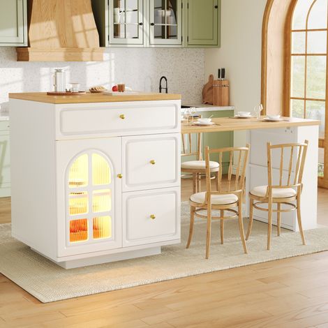 Isola cucina estensibile con cassetti, LED RGB, 122,5-195,5 cm, bianco HAVRYA (1/5)