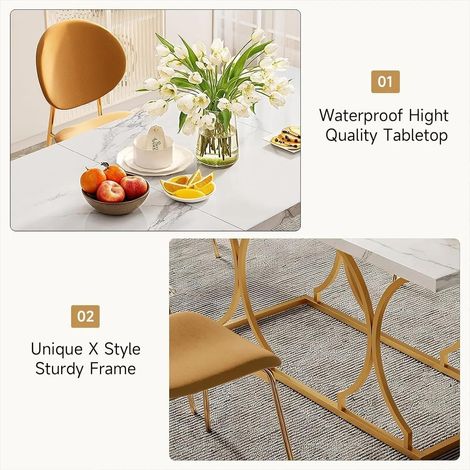 Table de salle à manger – Effet marbre moderne 200 x 80 cm, plateau épais 2,5 cm, résistant eau et rayures, pieds métal doré – Élégance contemporaine (1/5)