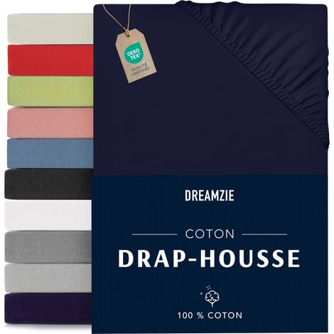 Drap Housse 70x190/200 100% Jersey Coton Bleu Foncé Linge de Lit (1/5)