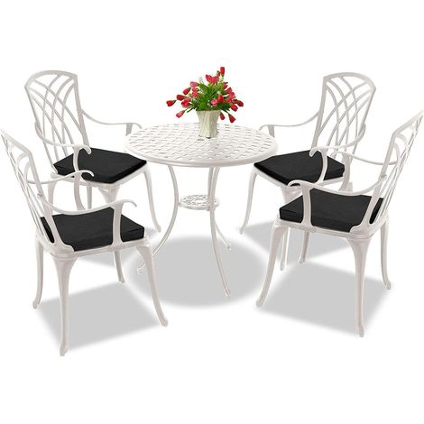 Homeology OSHOWA Luxurious Garden & Patio Table & 4 Large Chairs with Armrests Cast Aluminium Bistro Set - White with Black Cushions (1/5)