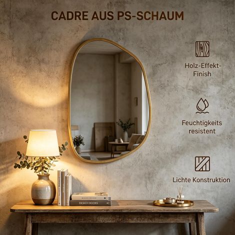 Miroir décoratif mural asymétrique 90x60 cm en verre trempé, cadre bois naturel, pour salle de bain, chambre, salon, entrée (1/5)