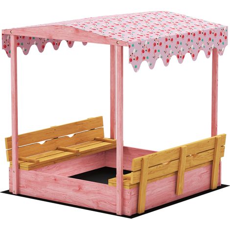 Bac à sable en bois avec couvercle, bac à sable d'extérieur pour enfants avec siège pliable, toile à motifs flamants roses