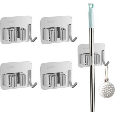 4-teiliger Wandbesenhalter – Silber, bohrfreier Wandbesenhalter mit Haken, selbstklebender Edelstahl-Wandbesenhalter, Werkzeugorganizer, Besenaufbewahrung für Küche oder Garage