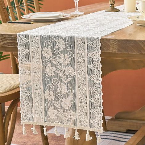 Runner da tavola beige con nappe in pizzo (stile floreale bohémien) - Decorazione autunnale rustica vintage per la tavola del Ringraziamento (dimensioni: 30 cm x 180 cm, nappe incluse) (1/5)