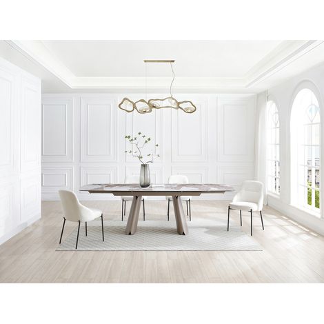 Table à manger extensible 6 à 10 personnes en céramique, verre trempé et métal bronze - Effet marbre blanc et gris - FARUDI de Maison Céphy (1/4)