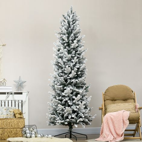 Árbol de Navidad delgado cubierto de nieve de 225 cm con 988 ramas y base de acero, árbol de Navidad alto y estrecho para interiores con apertura automática. (1/5)