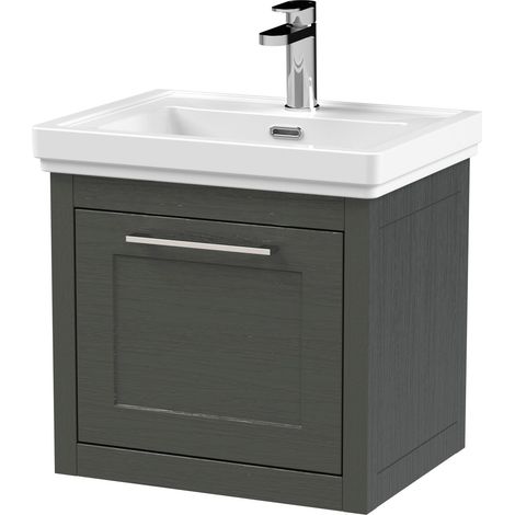 Blithbury Traditional Bathroom Wall Hung 1 Drawer Vanity Unit and 1 Tap Hole Fireclay Basin, 500mm, Woodgrain Dark Grey (1/5)