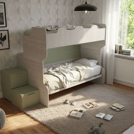 Letto a castello salvaspazio con scala a cassettoni e camminatoio - Bianco e Salvia
