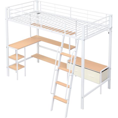 Litera alta de hierro y MDF 90x200 cm blanca y natural con escritorio y almacenamiento (1/5)