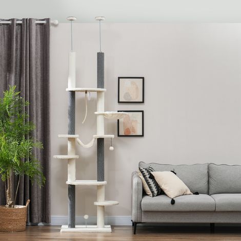 Kratzbaum, deckenhoch, verstellbar 225-255 cm, Plattformen & Hängematten, Kippschutz, Weiß