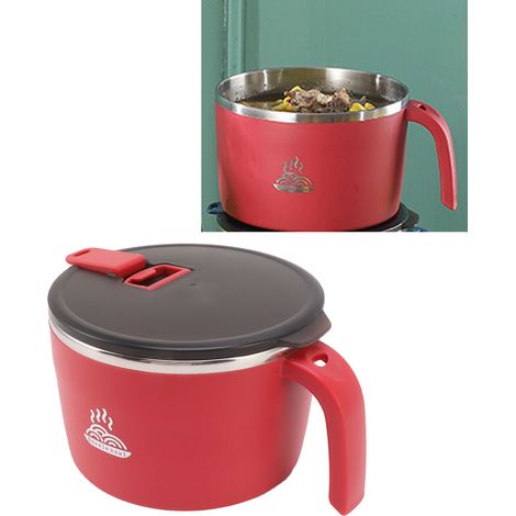 Bol à nouilles instantanées en acier inoxydable 304 avec couvercle, gobelet/boîte à lunch portable pour les employés de bureau, bol à égouttage étanche, rouge (1/5)