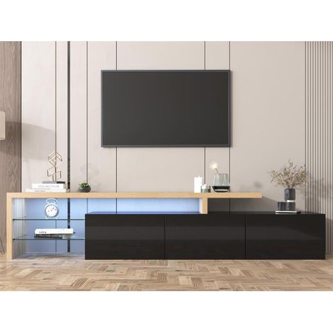 Meuble TV moderne 2m avec 3 portes et 2 compartiments en verre - Blanc & Naturel (1/5)