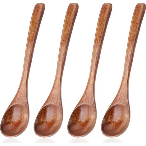 Lot de 4 petites cuillères en bois à long manche - Cuillères à soupe - Ustensiles de cuisine - Cuillère en bois - Pour la maison, la cuisine, le restaurant (1/5)