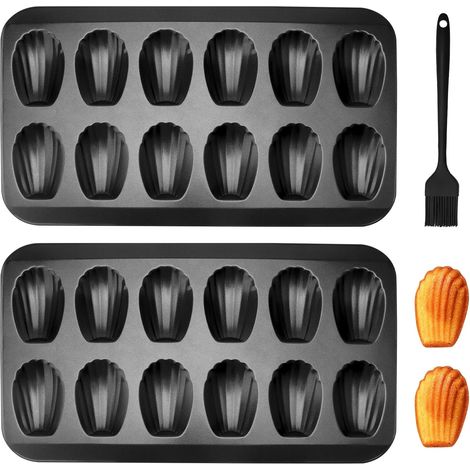 2 Moules à madeleines 12 cavités, Acier au carbone, Revêtement antiadhésif, Pinceau silicone, Four pâtisserie